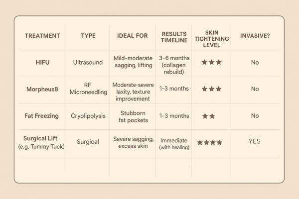 Table showing the comparisons of Skin tightening Chandler's Ford treatment options.